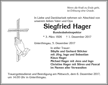 Traueranzeige von Siegfried Hager von Allgäuer Zeitung, Marktoberdorf