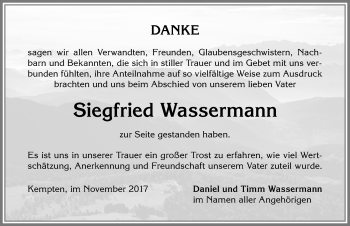Traueranzeige von Siegfried Wassermann von Allgäuer Zeitung,Kempten