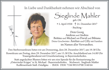Traueranzeige von Sieglinde Mahler von Allgäuer Zeitung, Füssen