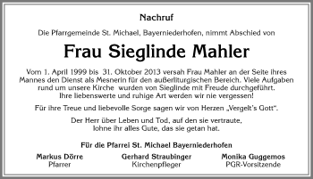 Traueranzeige von Sieglinde Mahler von Allgäuer Zeitung, Füssen