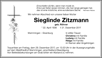 Traueranzeige von Sieglinde Zitzmann von Memminger Zeitung
