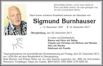 Traueranzeige von Sigmund Burnhauser von Allgäuer Zeitung, Marktoberdorf