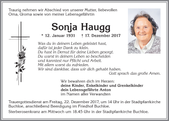 Traueranzeige von Sonja Haugg von Allgäuer Zeitung, Kaufbeuren/Buchloe