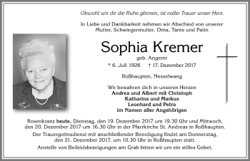 Traueranzeige von Sophia Kremer von Allgäuer Zeitung, Füssen