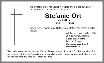 Traueranzeige von Stefanie Ort von Allgäuer Zeitung,Kempten