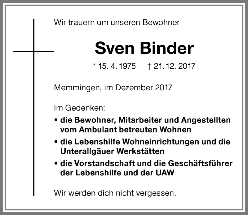  Traueranzeige für Sven Binder vom 30.12.2017 aus Memminger Zeitung