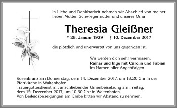Traueranzeige von Theresia Gleißner von Allgäuer Zeitung,Kempten