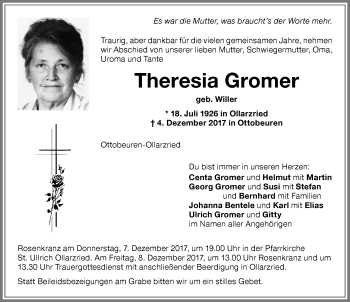 Traueranzeige von Theresia Gromer von Memminger Zeitung