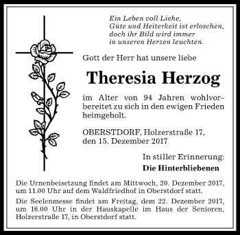 Traueranzeige von Theresia Herzog von Allgäuer Anzeigeblatt