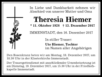 Traueranzeige von Theresia Hiemer von Allgäuer Anzeigeblatt