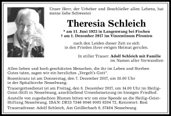 Traueranzeige von Theresia Schleich von Allgäuer Anzeigeblatt