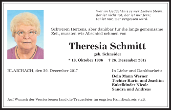 Traueranzeige von Theresia Schmitt von Allgäuer Anzeigeblatt