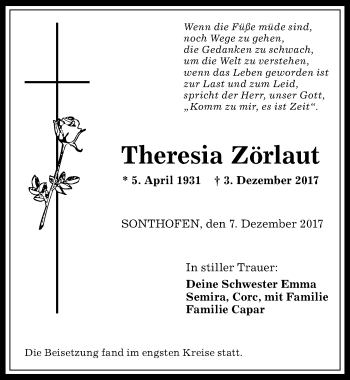 Traueranzeige von Theresia Zörlaut von Allgäuer Anzeigeblatt