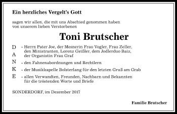 Traueranzeige von Toni Brutscher von Allgäuer Anzeigeblatt
