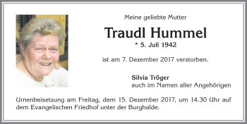 Traueranzeige von Traudl Hummel von Allgäuer Zeitung,Kempten