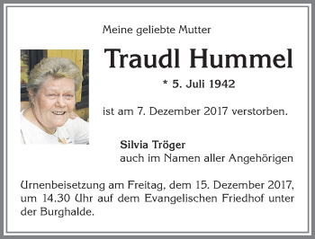 Traueranzeige von Traudl Hummel von Allgäuer Zeitung,Kempten