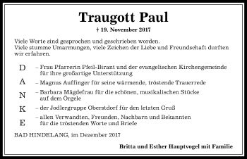 Traueranzeige von Traugott Paul von Allgäuer Anzeigeblatt