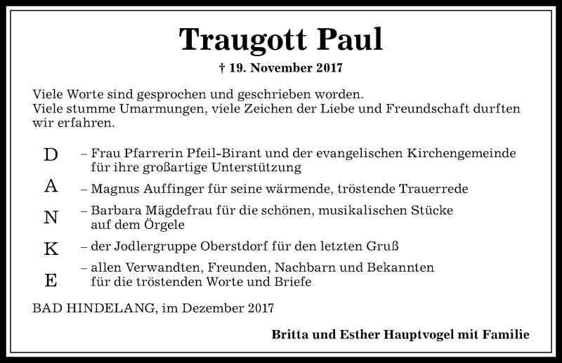  Traueranzeige für Traugott Paul vom 22.12.2017 aus Allgäuer Anzeigeblatt