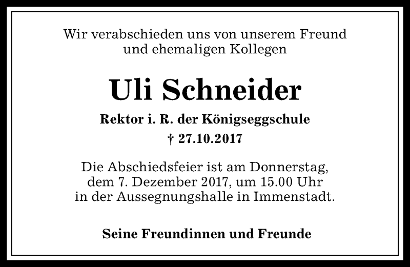  Traueranzeige für Uli Schneider vom 02.12.2017 aus Allgäuer Anzeigeblatt