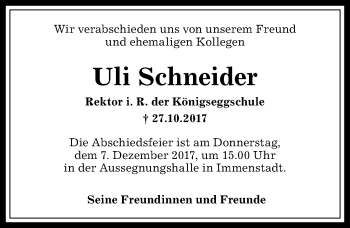Traueranzeige von Uli Schneider von Allgäuer Anzeigeblatt