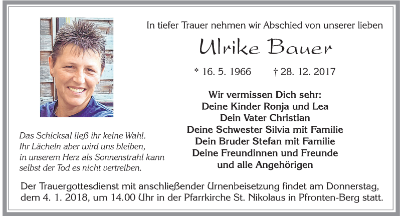  Traueranzeige für Ulrike Bauer vom 30.12.2017 aus Allgäuer Zeitung, Füssen
