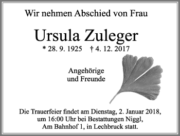 Traueranzeige von Ursula Zuleger von Allgäuer Zeitung, Füssen