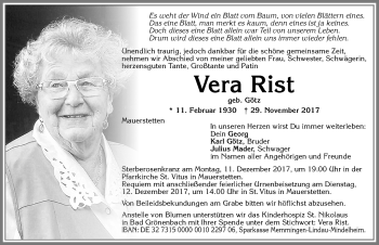 Traueranzeige von Vera Rist von Allgäuer Zeitung, Kaufbeuren/Buchloe