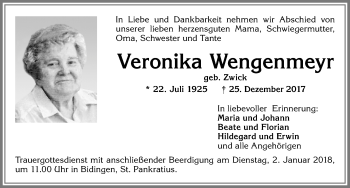 Traueranzeige von Veronika Wengenmeyr von Allgäuer Zeitung, Kaufbeuren/Buchloe