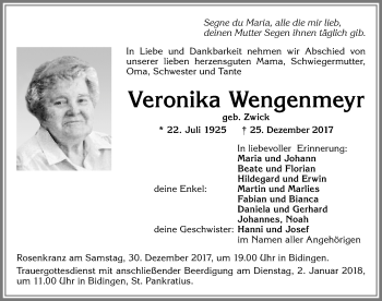 Traueranzeige von Veronika Wengenmeyr von Allgäuer Zeitung, Marktoberdorf