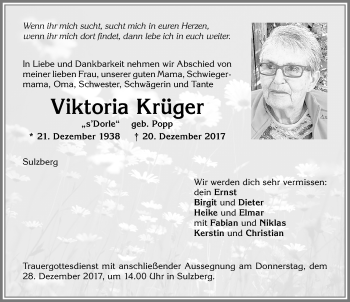 Traueranzeige von Viktoria Krüger von Allgäuer Zeitung,Kempten
