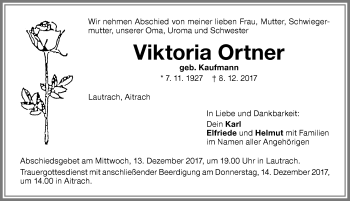 Traueranzeige von Viktoria Ortner von Memminger Zeitung