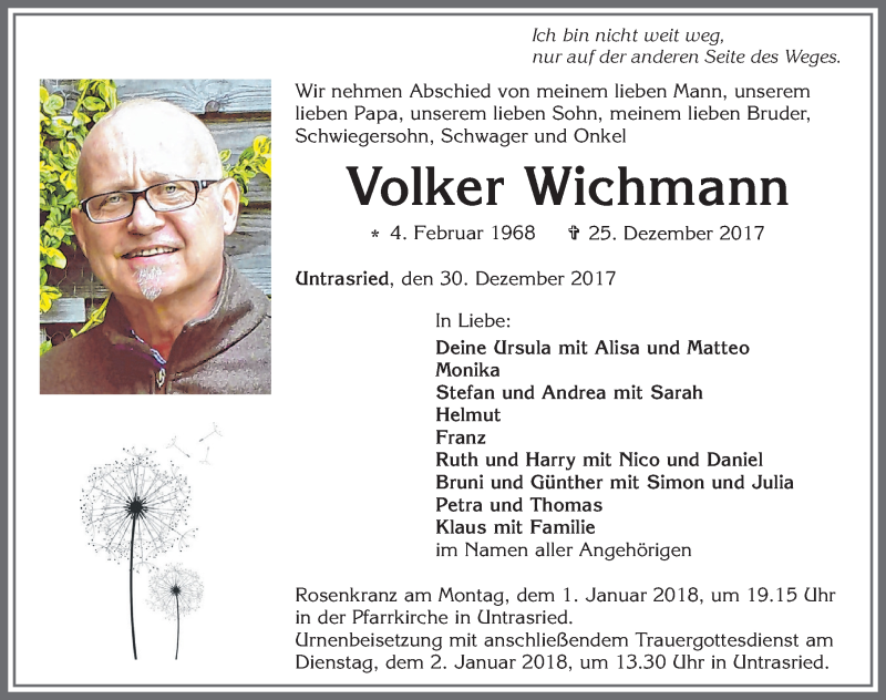  Traueranzeige für Volker Wichmann vom 30.12.2017 aus Allgäuer Zeitung, Marktoberdorf