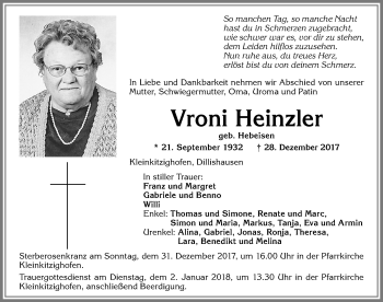 Traueranzeige von Vroni Heinzler von Allgäuer Zeitung, Kaufbeuren/Buchloe