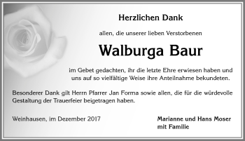 Traueranzeige von Walburga Baur von Allgäuer Zeitung, Kaufbeuren/Buchloe