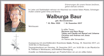 Traueranzeige von Walburga Baur von Allgäuer Zeitung, Kaufbeuren/Buchloe