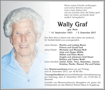 Traueranzeige von Wally Graf von Allgäuer Zeitung, Kaufbeuren/Buchloe