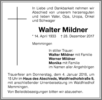 Traueranzeige von Walter Mildner von Memminger Zeitung