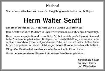 Traueranzeige von Walter Senftl von Allgäuer Zeitung, Kaufbeuren/Buchloe