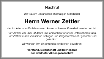 Traueranzeige von Werner Zettler von Memminger Zeitung