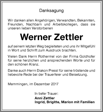 Traueranzeige von Werner Zettler von Memminger Zeitung