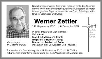Traueranzeige von Werner Zettler von Memminger Zeitung