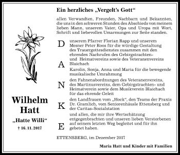Traueranzeige von Wilhelm Hatt von Allgäuer Anzeigeblatt