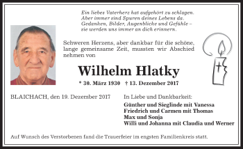 Traueranzeige von Wilhelm Hlatky von Allgäuer Anzeigeblatt