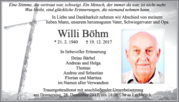 Traueranzeige von Willi Böhm von Allgäuer Zeitung, Füssen