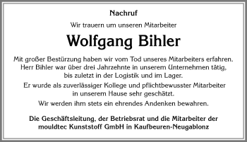 Traueranzeige von Wolfgang Bihler von Allgäuer Zeitung, Kaufbeuren/Buchloe