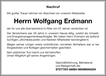 Traueranzeige von Wolfgang Erdmann von Memminger Zeitung