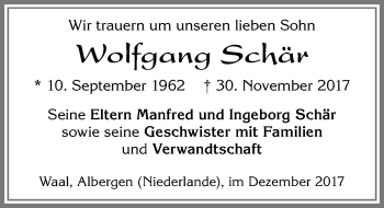 Traueranzeige von Wolfgang Schär von Allgäuer Zeitung, Kaufbeuren/Buchloe