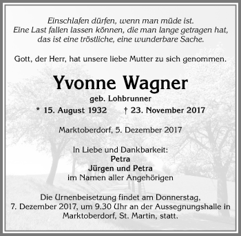 Traueranzeige von Yvonne Wagner von Allgäuer Zeitung, Marktoberdorf