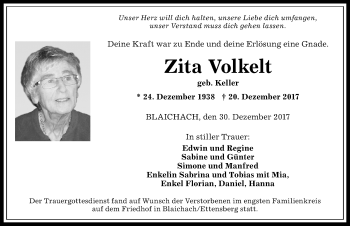 Traueranzeige von Zita Volkelt von Allgäuer Anzeigeblatt