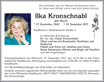 Traueranzeige von llka Kronschnabl von Allgäuer Zeitung, Kaufbeuren/Buchloe